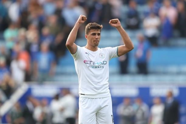 Rodri of Manchester City at full time of the Premier League match between Leicester City and Manchester City at The King Power Stadium on September...