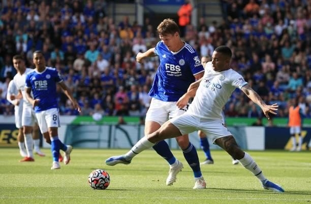 Leicester City's Danish defender Jannik Vestergaard closes in on Manchester City's Brazilian striker Gabriel Jesus during the English Premier League...