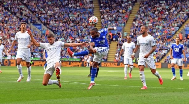 Ademola Lookman of Leicester City has his shot blocked by Rúben Dias of Manchester City during the Premier League match between Leicester City and...