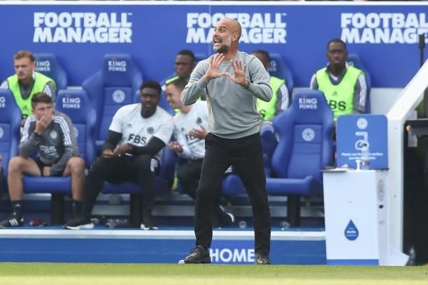 Pep Guardiola the manager / head coach of Manchester City during the Premier League match between Leicester City and Manchester City at The King...
