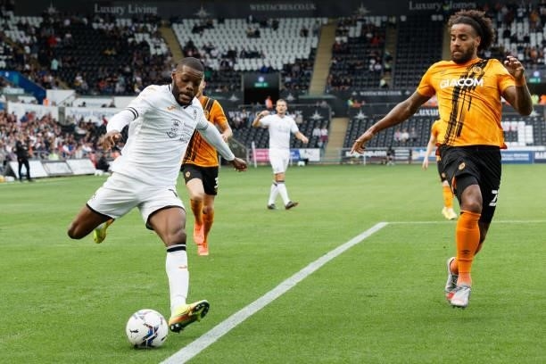 Olivier Ntcham of Swansea City takes a cross during the Sky Bet Championship match between Swansea City and Hull City at the Swansea.com Stadium on...