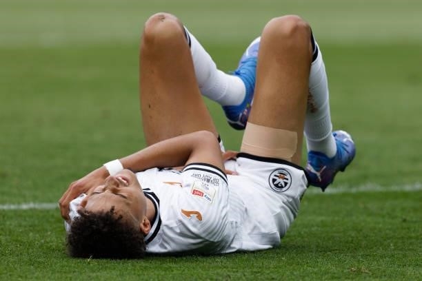 Rhys Williams of Swansea City lies injured on the ground during the Sky Bet Championship match between Swansea City and Hull City at the Swansea.com...