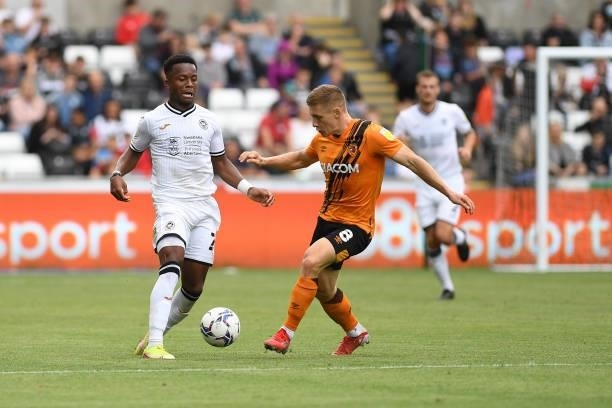 Ethan Laird of Swansea City in action during the Sky Bet Championship match between Swansea City and Hull City at the Swansea.com Stadium on...