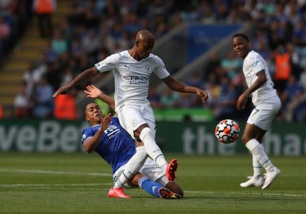 Manchester City's Fernandinho is tackled by Leicester City's Youri Tielemans during the Premier League match between Leicester City and Manchester...