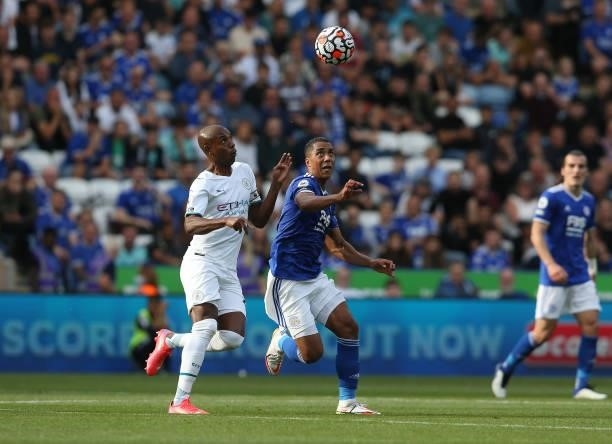 Leicester City's Youri Tielemans battles with Manchester City's Fernandinho during the Premier League match between Leicester City and Manchester...