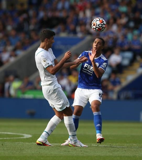 Leicester City's Youri Tielemans and Manchester City's Rodrigo Hernandez Cascante during the Premier League match between Leicester City and...