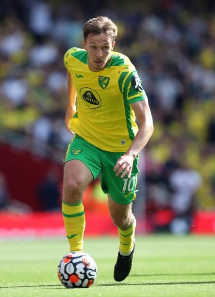 Kieran Dowell of Norwich City during the Premier League match between Arsenal and Norwich City at Emirates Stadium on September 11, 2021 in London,...