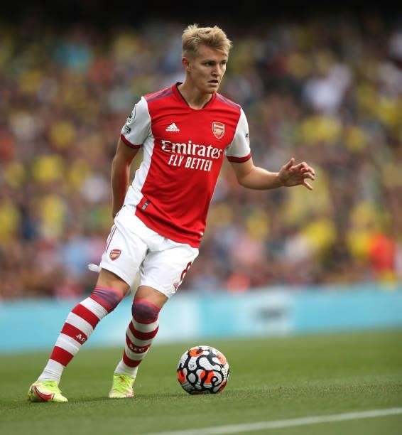 Martin Odegaard of Arsenal during the Premier League match between Arsenal and Norwich City at Emirates Stadium on September 11, 2021 in London,...