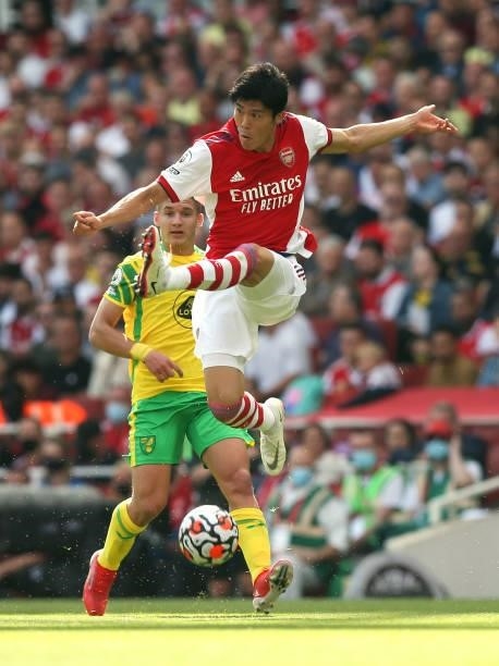 Takehiro Tomiyasu of Arsenal during the Premier League match between Arsenal and Norwich City at Emirates Stadium on September 11, 2021 in London,...