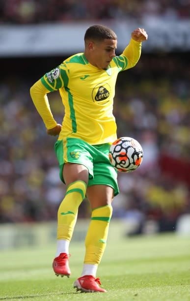 Max Aarons of Norwich City during the Premier League match between Arsenal and Norwich City at Emirates Stadium on September 11, 2021 in London,...