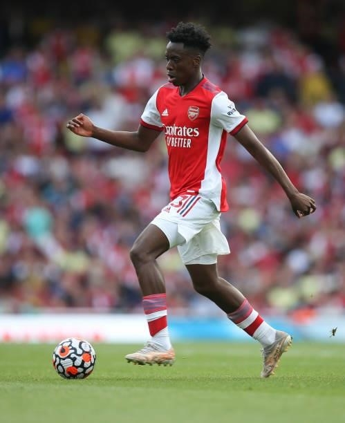 Albert Sambi Lokonga of Arsenal during the Premier League match between Arsenal and Norwich City at Emirates Stadium on September 11, 2021 in London,...