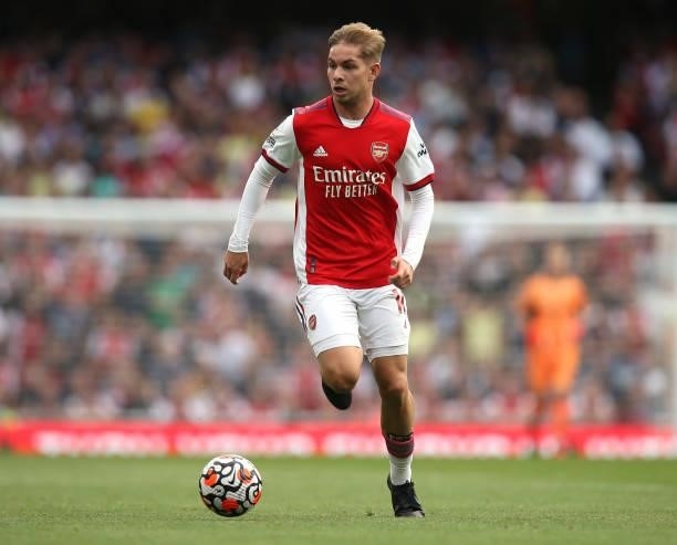 Emile Smith Rowe of Arsenal during the Premier League match between Arsenal and Norwich City at Emirates Stadium on September 11, 2021 in London,...