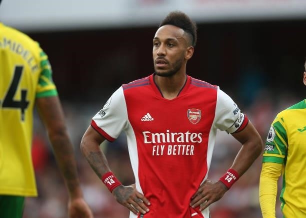 Pierre-Emerick Aubameyang of Arsenal during the Premier League match between Arsenal and Norwich City at Emirates Stadium on September 11, 2021 in...