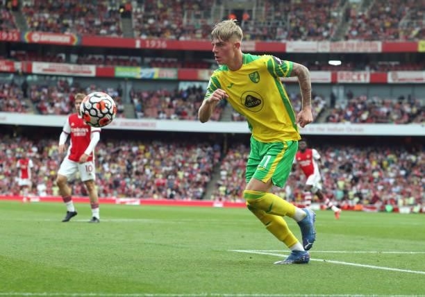 Brandon Williams of Norwich during the Premier League match between Arsenal and Norwich City at Emirates Stadium on September 11, 2021 in London,...