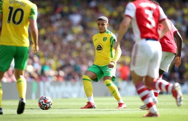 Max Aarons of Norwich City during the Premier League match between Arsenal and Norwich City at Emirates Stadium on September 11, 2021 in London,...