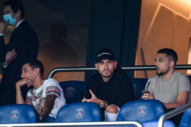 Angel DI MARIA of Paris Saint Germain and Leandro PAREDES of Paris Saint Germain in the stands during the French Ligue 1 Uber Eats soccer match...