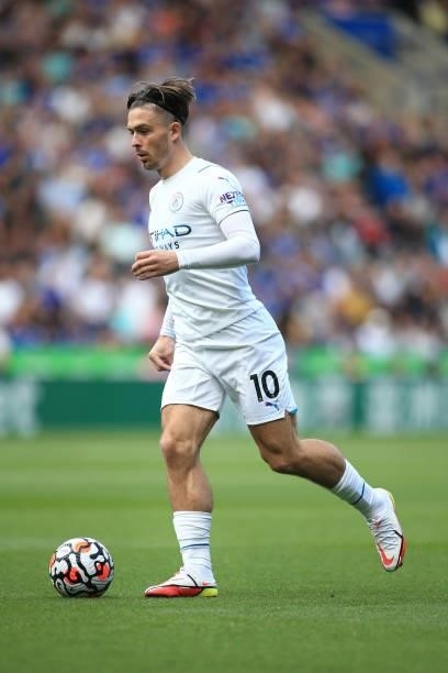 Jack Grealish of Manchester City in action during the Premier League match between Leicester City and Manchester City at The King Power Stadium on...