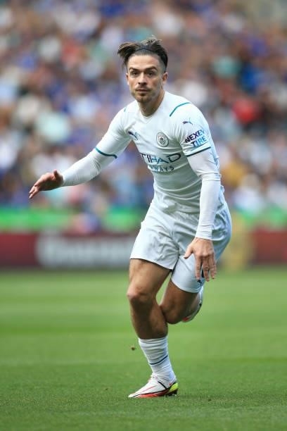 Jack Grealish of Manchester City in action during the Premier League match between Leicester City and Manchester City at The King Power Stadium on...