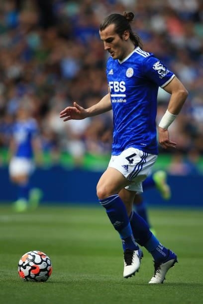 Caglar Soyunchu of Leicester City in action during the Premier League match between Leicester City and Manchester City at The King Power Stadium on...