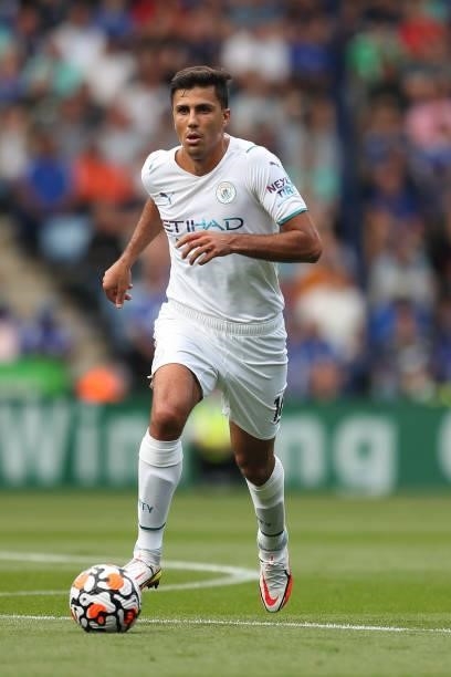 Rodri of Manchester City during the Premier League match between Leicester City and Manchester City at The King Power Stadium on September 11, 2021...