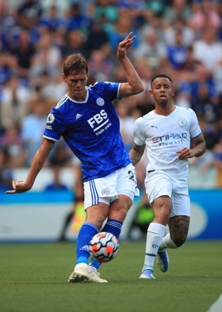 Jannik Vestergaard of Leicester City in action with Gabriel Jesus of Manchester City during the Premier League match between Leicester City and...