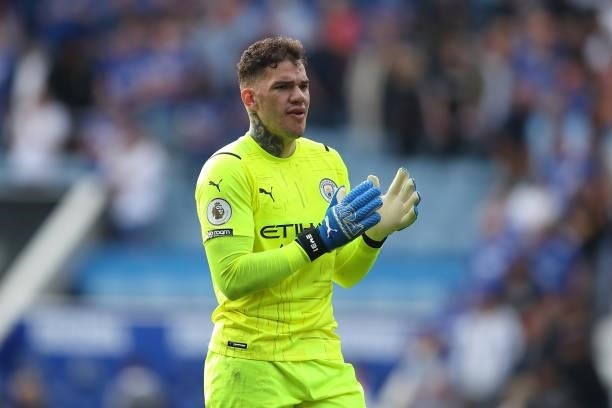 Ederson of Manchester City during the Premier League match between Leicester City and Manchester City at The King Power Stadium on September 11, 2021...