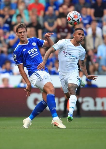 Jannik Vestergaard of Leicester City in action with Gabriel Jesus of Manchester City during the Premier League match between Leicester City and...