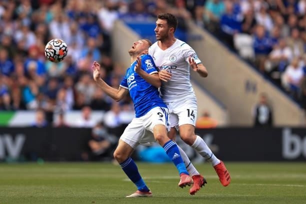 Aymeric Laporte of Manchester City is shown a Yellow card for this late challenge on Jamie Vardy of Leicester City during the Premier League match...