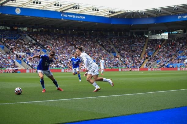 General view of King Power Stadium as Jack Grealish of Manchester City takes on Timothy Castagne of Leicester City during the Premier League match...