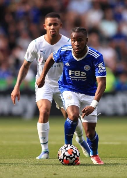 Ademola Lookman of Leicester City in action with Gabriel Jesus of Manchester City during the Premier League match between Leicester City and...