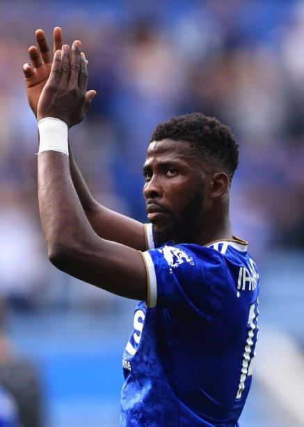 Kelechi Iheanacho of Leicester City applauds during the Premier League match between Leicester City and Manchester City at The King Power Stadium on...