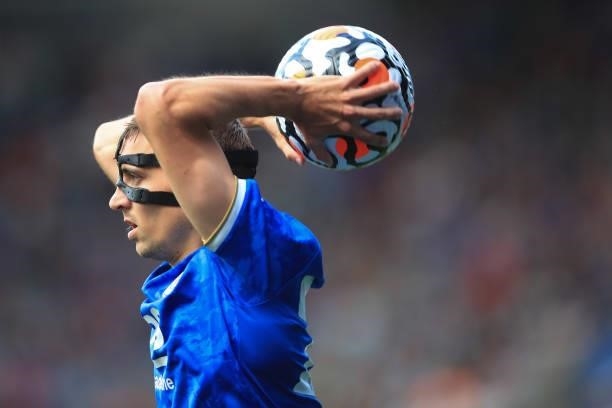 Timothy Castagne of Leicester City wears a protective face mask during the Premier League match between Leicester City and Manchester City at The...