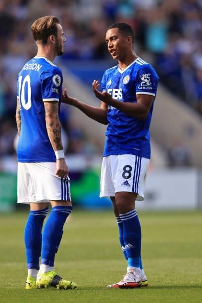Youri Tielemans and James Maddison of Leicester City during the Premier League match between Leicester City and Manchester City at The King Power...