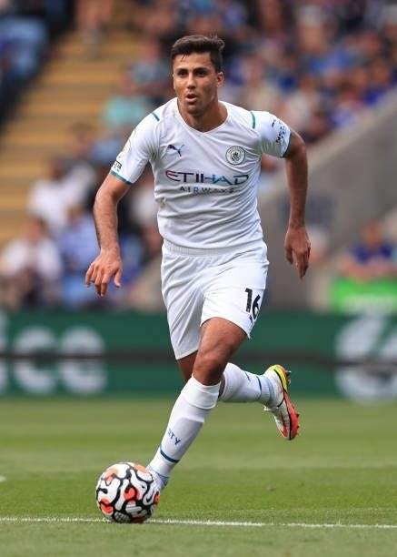 Rodrigo of Manchester City during the Premier League match between Leicester City and Manchester City at The King Power Stadium on September 11, 2021...