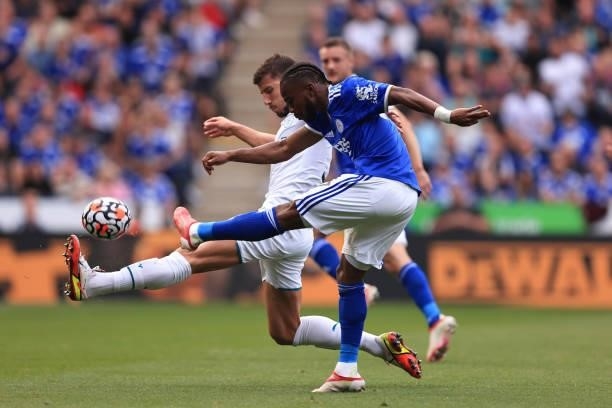 Ruben Dias of Manchester City blocks a shot from Ademola Lookman of Leicester City during the Premier League match between Leicester City and...