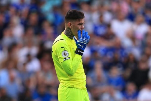 Ederson of Manchester City during the Premier League match between Leicester City and Manchester City at The King Power Stadium on September 11, 2021...