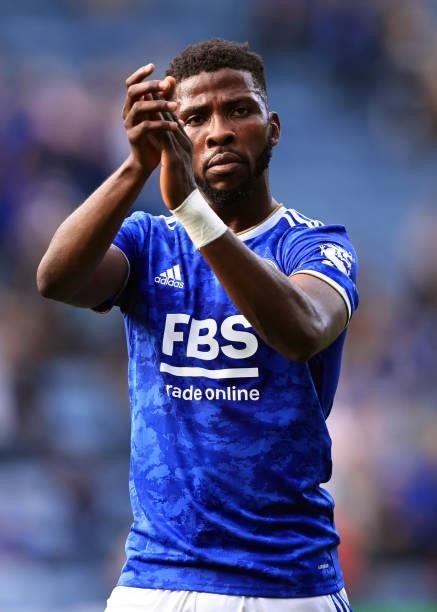 Kelechi Iheanacho of Leicester City applauds during the Premier League match between Leicester City and Manchester City at The King Power Stadium on...