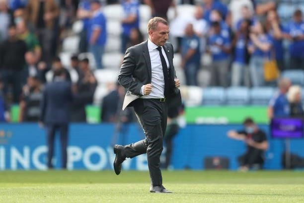 Brendan Rodgers the manager / head coach of Leicester City during the Premier League match between Leicester City and Manchester City at The King...