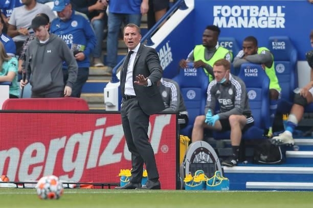 Brendan Rodgers the manager / head coach of Leicester City during the Premier League match between Leicester City and Manchester City at The King...