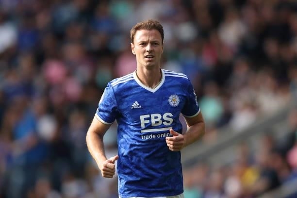 Jonny Evans of Leicester City during the Premier League match between Leicester City and Manchester City at The King Power Stadium on September 11,...