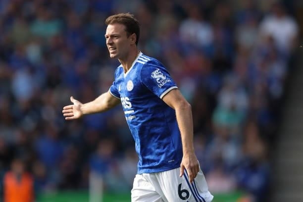 Jonny Evans of Leicester City during the Premier League match between Leicester City and Manchester City at The King Power Stadium on September 11,...