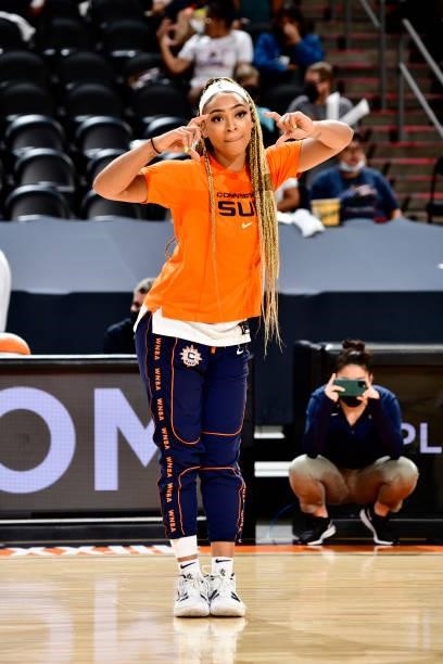 DiJonai Carrington of the Connecticut Sun poses before the game against the Phoenix Mercury on September 11, 2021 at Footprint Center in Phoenix,...