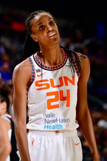 DeWanna Bonner of the Connecticut Sun looks on during the game against the Phoenix Mercury on September 11, 2021 at Footprint Center in Phoenix,...