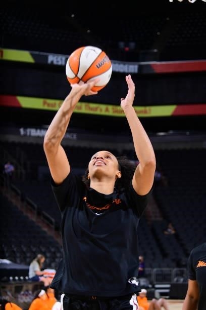 Brianna Turner of the Phoenix Mercury warms up before the game against the Connecticut Sun on September 11, 2021 at Footprint Center in Phoenix,...