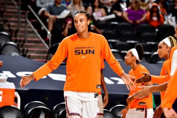 DeWanna Bonner of the Connecticut Sun is introduced before the game against the Phoenix Mercury on September 11, 2021 at Footprint Center in Phoenix,...