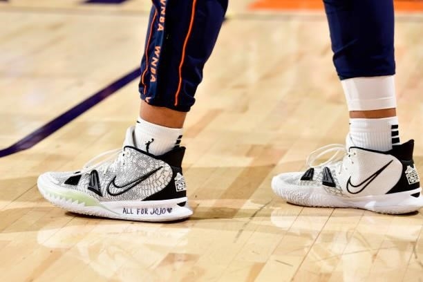 The sneakers of DiJonai Carrington of the Connecticut Sun before the game against the Phoenix Mercury on September 11, 2021 at Footprint Center in...