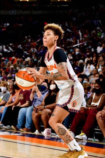 Natisha Hiedeman of the Connecticut Sun looks on during the game against the Phoenix Mercury on September 11, 2021 at Footprint Center in Phoenix,...