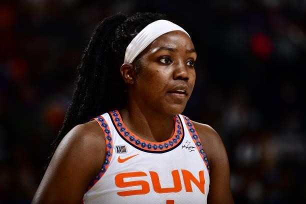 Beatrice Mompremier of the Connecticut Sun looks on during the game against the Phoenix Mercury on September 11, 2021 at Footprint Center in Phoenix,...