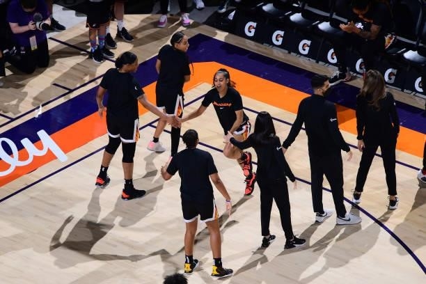 Skylar Diggins-Smith of the Phoenix Mercury is introduced before the game against the Connecticut Sun on September 11, 2021 at Footprint Center in...