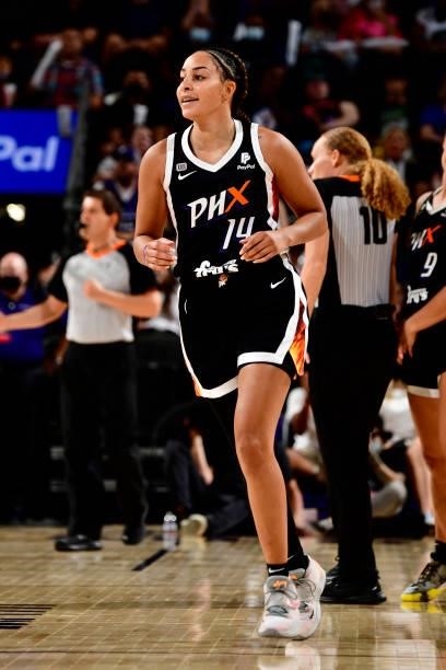 Bria Hartley of the Phoenix Mercury smiles during the game against the Connecticut Sun on September 11, 2021 at Footprint Center in Phoenix, Arizona....